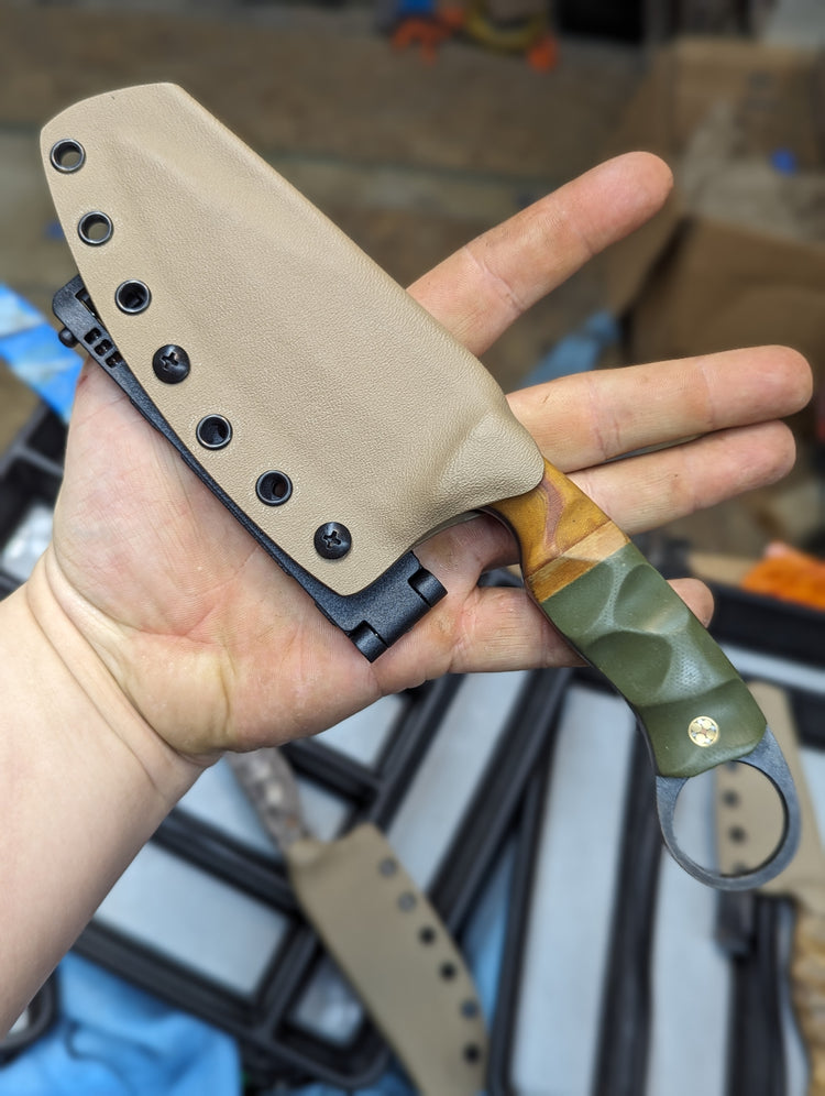 Northern Concept, Cross-aged micarta bolsters, paper micarta, OD green G10, Mosaic pins