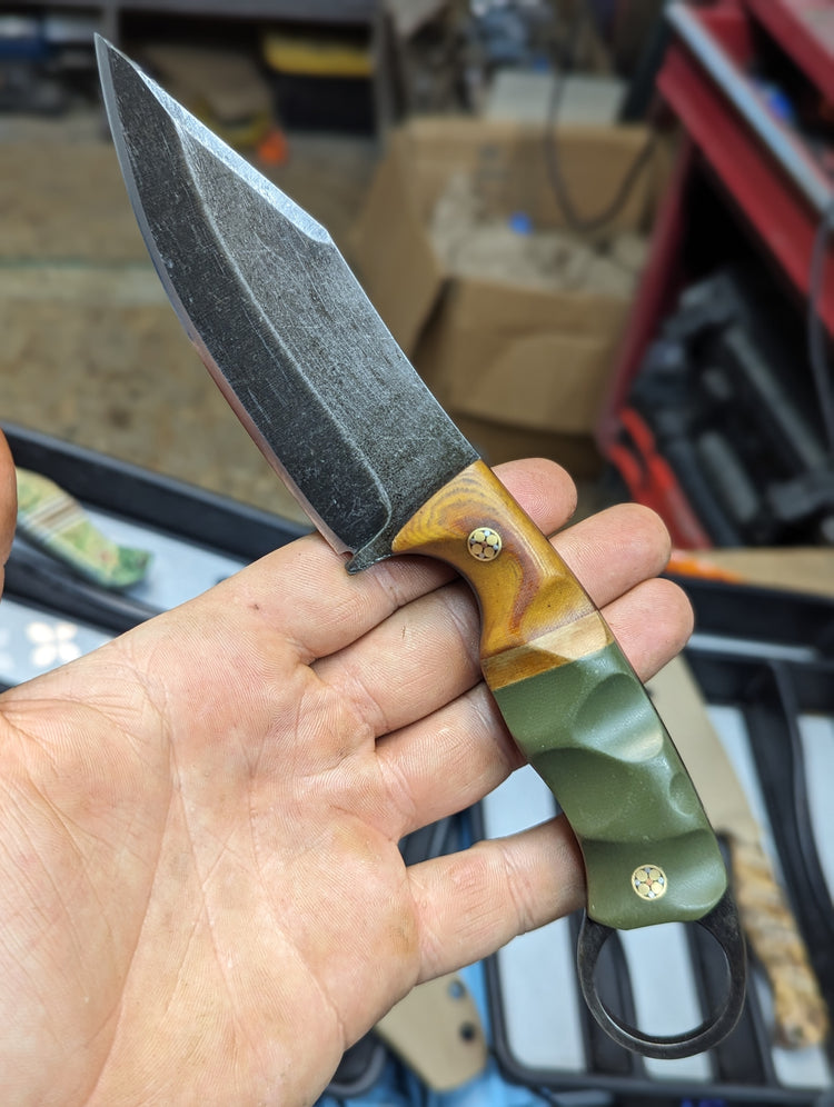 Northern Concept, Cross-aged micarta bolsters, paper micarta, OD green G10, Mosaic pins